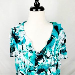 Beautiful sheer ruffled 1X womens Worthington blouse. Black and teal. Button up